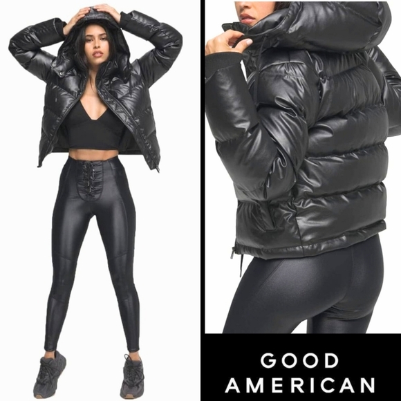Good American Women's Black Faux Leather Puffer Zip Jacket Size 2 Removable Hood - Picture 1 of 12